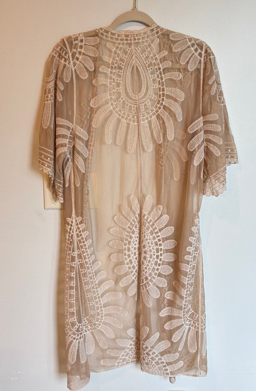 Beige Embroidered Sheer Mesh Maxi Duster Kimono Size M Boho Festival Romantic